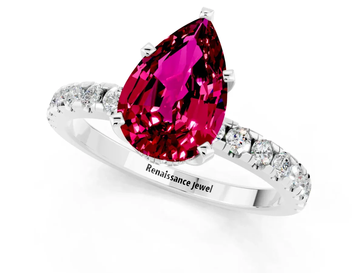 Pear Cut Garnet Solitaire Ring with Round Pavé Band and Four-Prong Setting Silver
