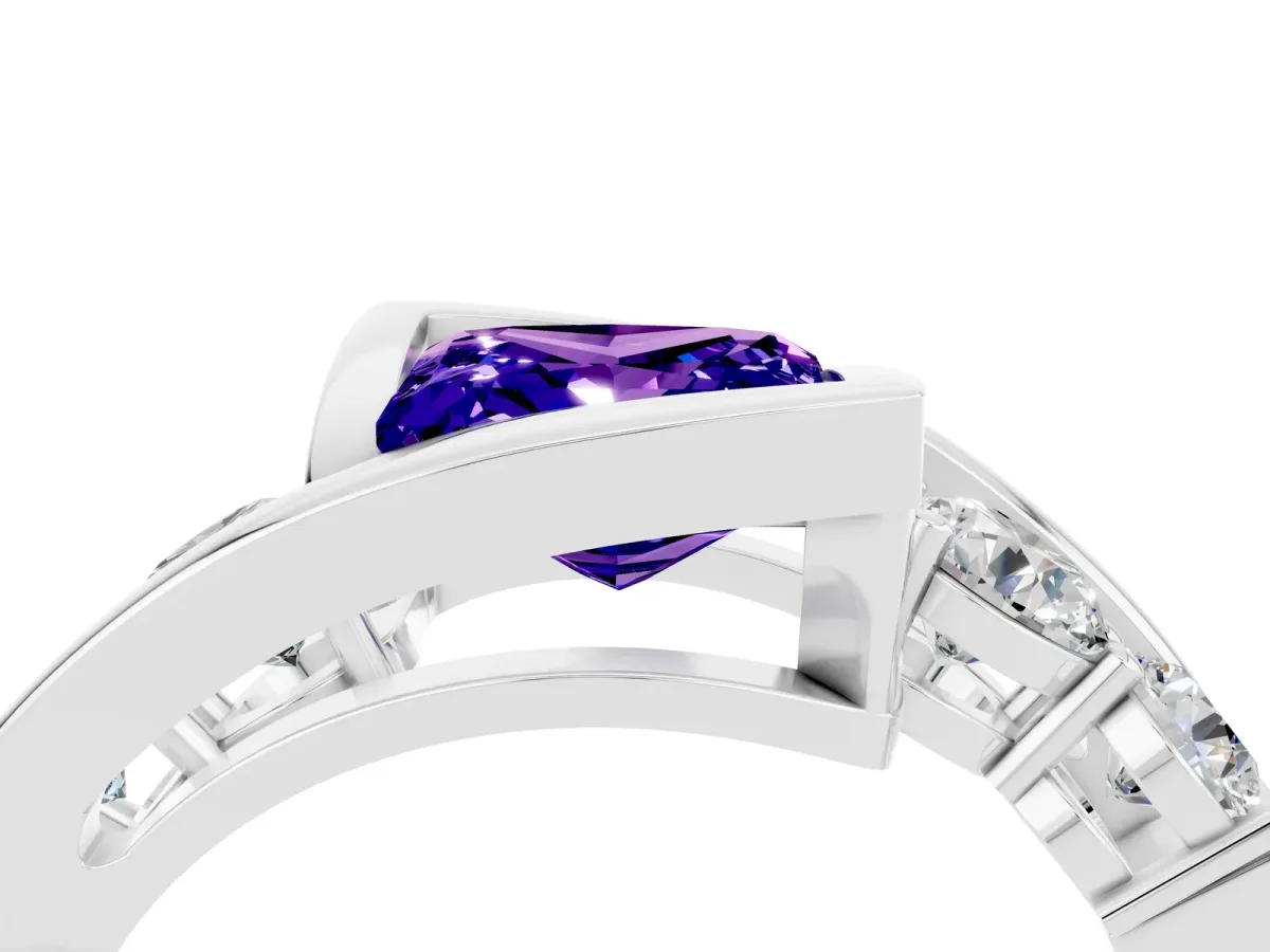 Bezel Set Princess Cut Tanzanite Bypass Ring with Round Accents Silver