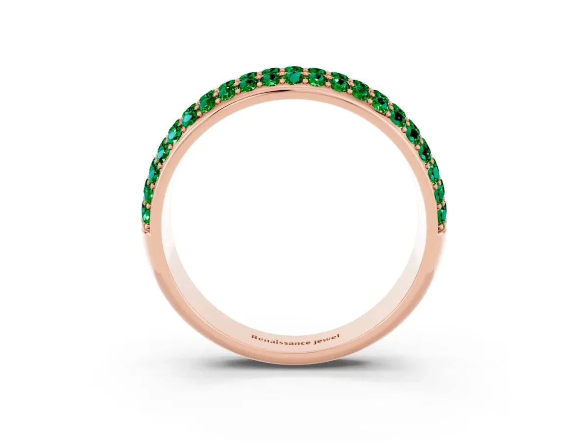 Three-Row Round Emerald Eternity Band with Shared Prong Setting Rose gold