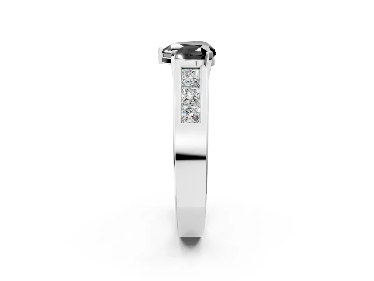 Fancy Black Heart Cut Cut Channel Set Solitaire Ring with Four-Prong Setting Silver