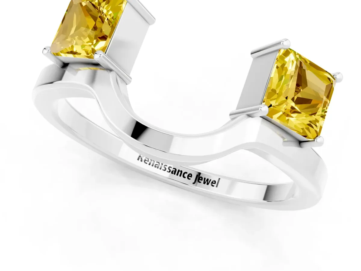 Princess Cut Yellow Sapphire Two-Stone Open Band Ring with Four-Prong Setting Silver