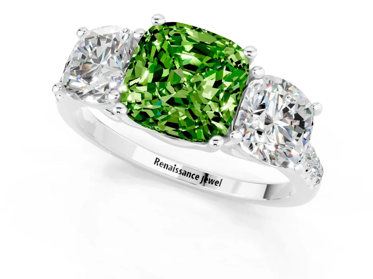Three-Stone Cushion Cut Peridot Ring with Round Pavé Band and Prong Setting Silver