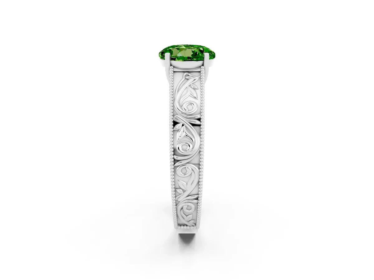 Round Cut Peridot Solitaire Ring with Engraved Band and Four-Prong Setting White gold