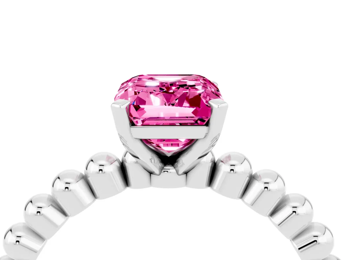 Emerald Cut Pink Sapphire Solitaire Ring with Beaded Band and Prong Setting Silver