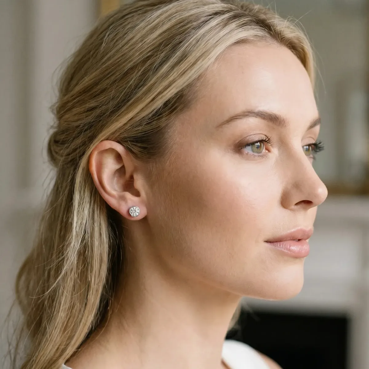 Bezel Set Round Diamond Stud Earrings with Push Back White gold