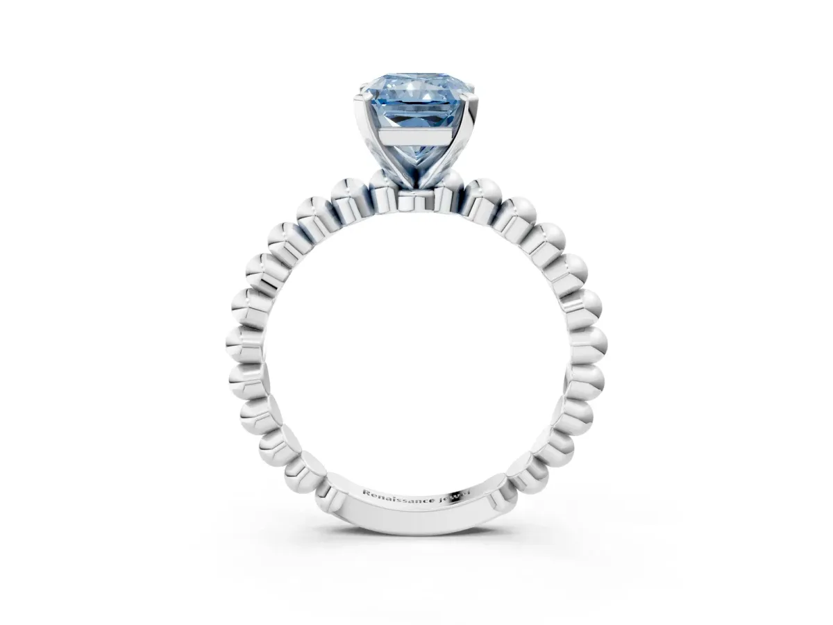 Fancy Blue Radiant Cut Diamond Solitaire Ring with Beaded Band and Prong Setting Platinum