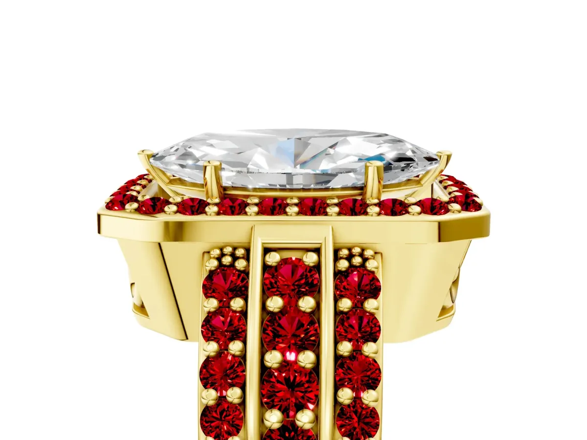 Marquise Cut Halo Diamond Ring with Round Ruby Split Shank and Prong Setting Yellow gold