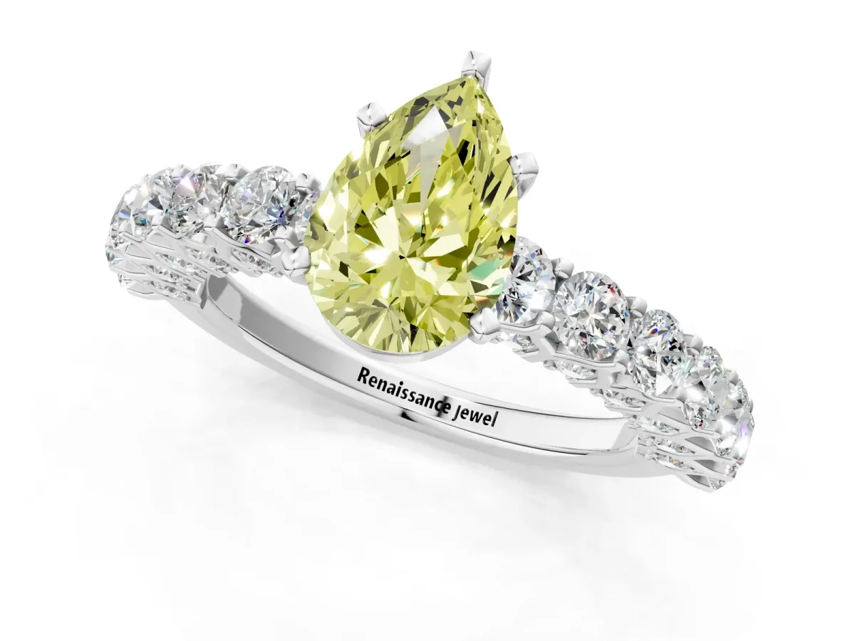 Fancy Yellow Pear Cut Diamond Solitaire Ring with Shared Prong Pavé Band and Four-Prong Setting Silver