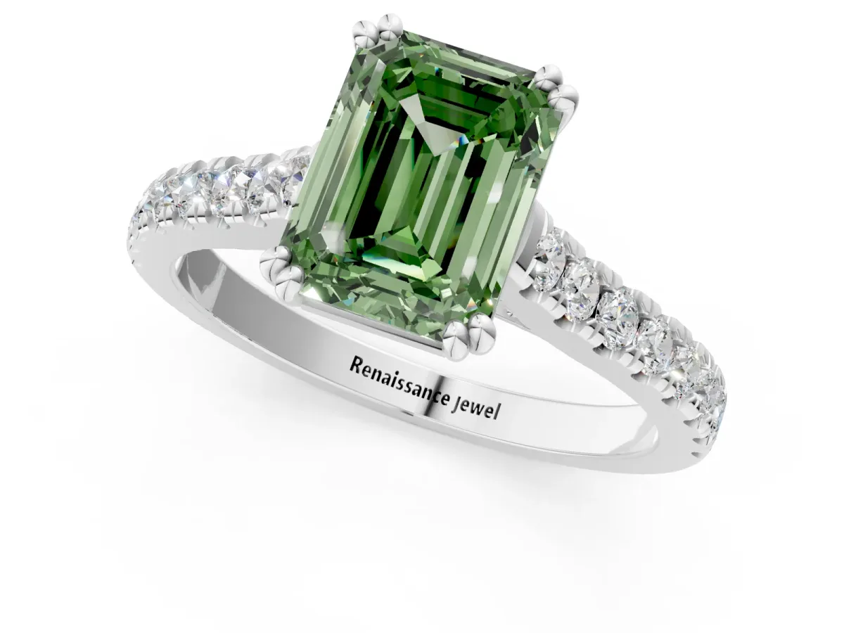 Fancy Green Emerald Cut Solitaire Pave Diamond Engagement Ring with Prong Setting White gold