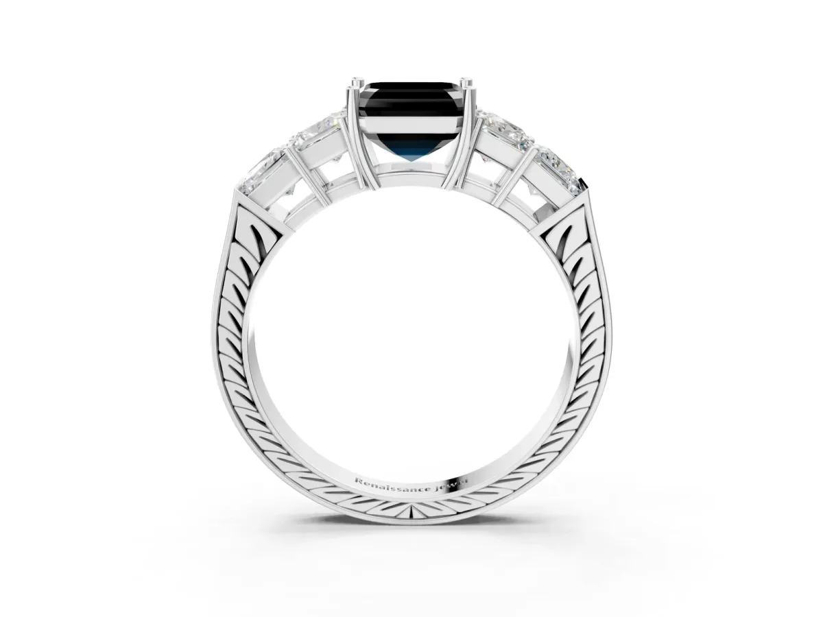 Fancy Black Asscher Cut Solitaire Princess Side Stone Engraved Band Prong Setting Ring Platinum
