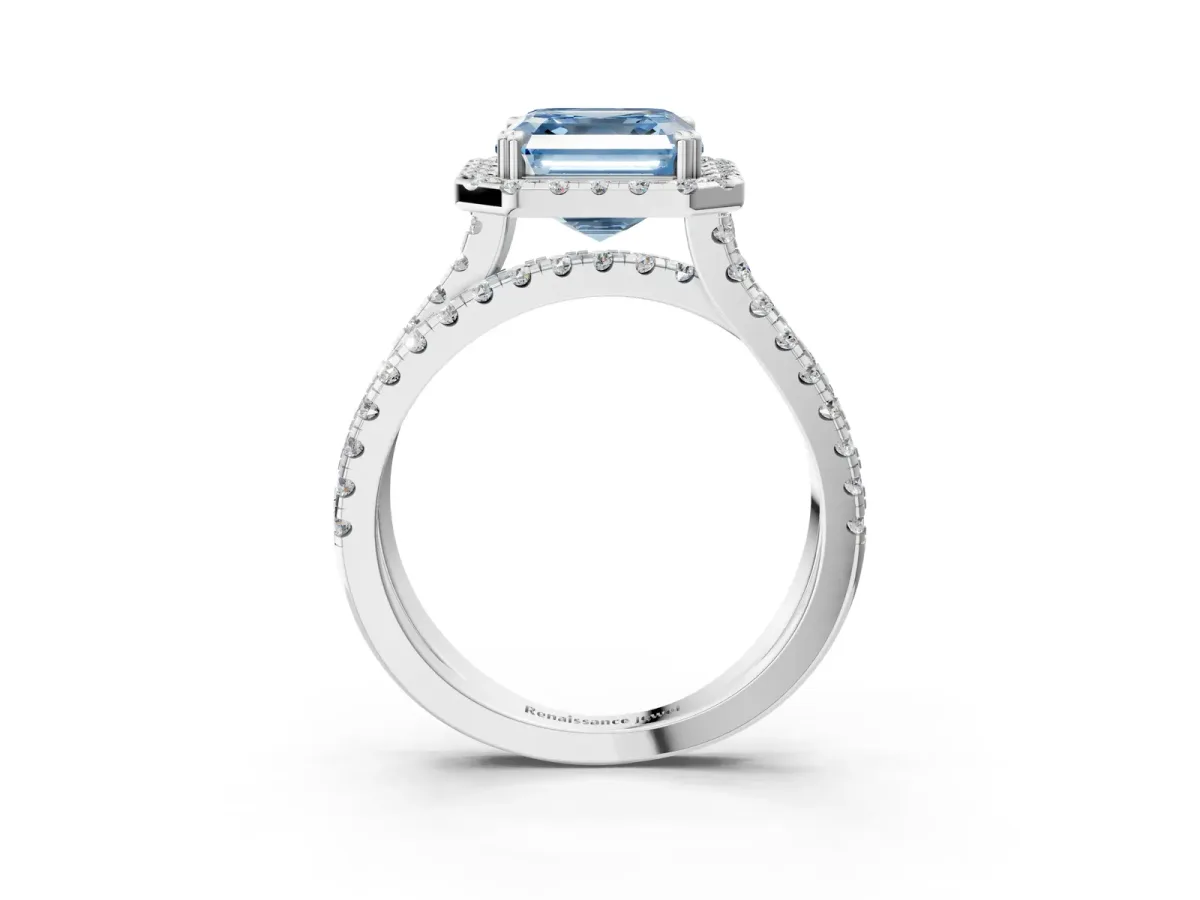 Fancy Blue Asscher Cut Halo Split Shank Diamond Ring with Pavé Setting Platinum