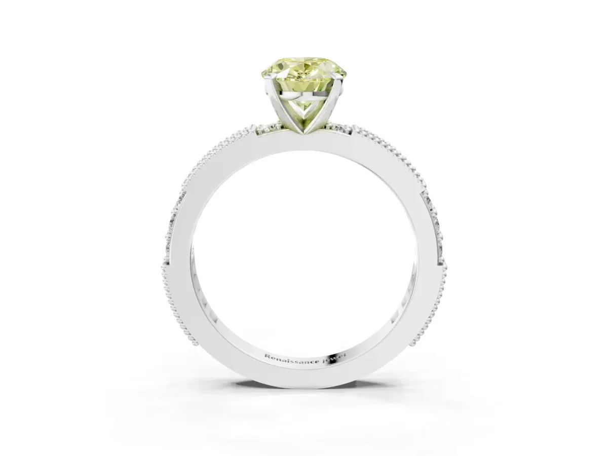 Fancy Yellow Oval Cut Solitaire with Pavé Band and Four-Prong Setting Silver