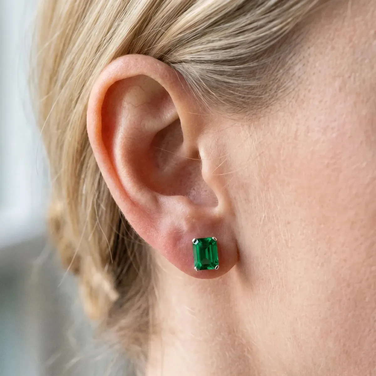 Emerald Cut Emerald Stud Earrings Silver