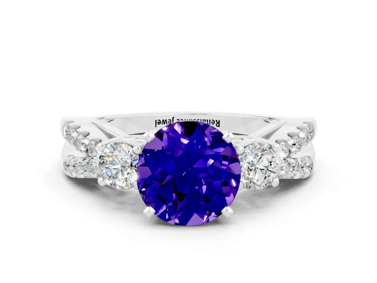 Round Cut Tanzanite Three-Stone Ring with Pavé Split Shank and Four-Prong Setting Silver