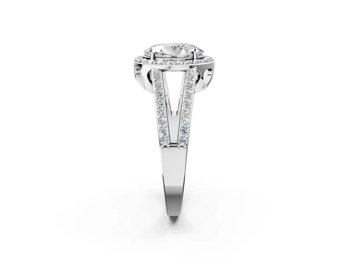 Oval Cut Diamond Halo Ring with Split Shank U-Prong Band and Four-Prong Setting Silver