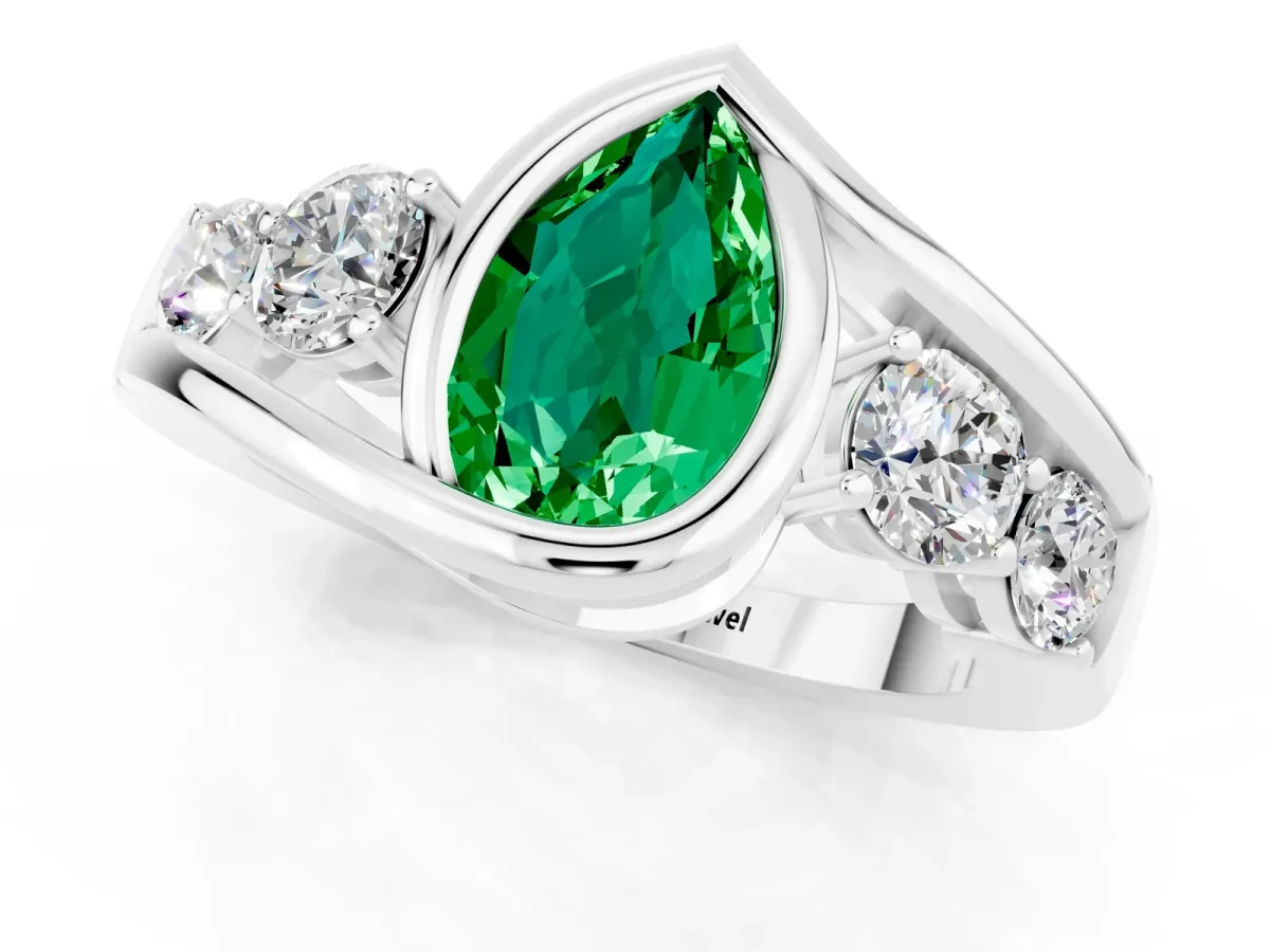 Bezel Set Pear Cut Emerald Bypass Ring with Round Accents Platinum