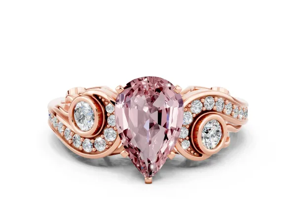 Pear Cut Morganite Solitaire Ring with Milgrain Pavé Band and Four-Prong Setting Rose gold