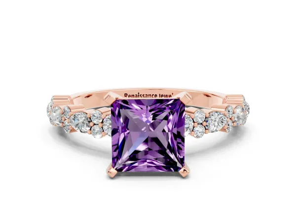 Princess Cut Amethyst Side Stone Solitaire Ring with Round and Four-Prong Setting Rose gold