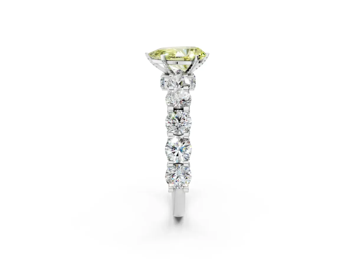 Fancy Yellow Pear Cut Diamond Side Stone Engagement Ring with Four-Prong Setting Silver