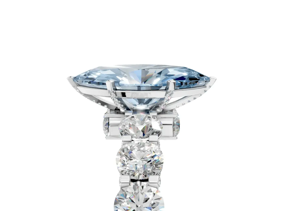 Fancy Blue Marquise Cut Diamond Side Stone Engagement Ring with Four-Prong Setting White gold