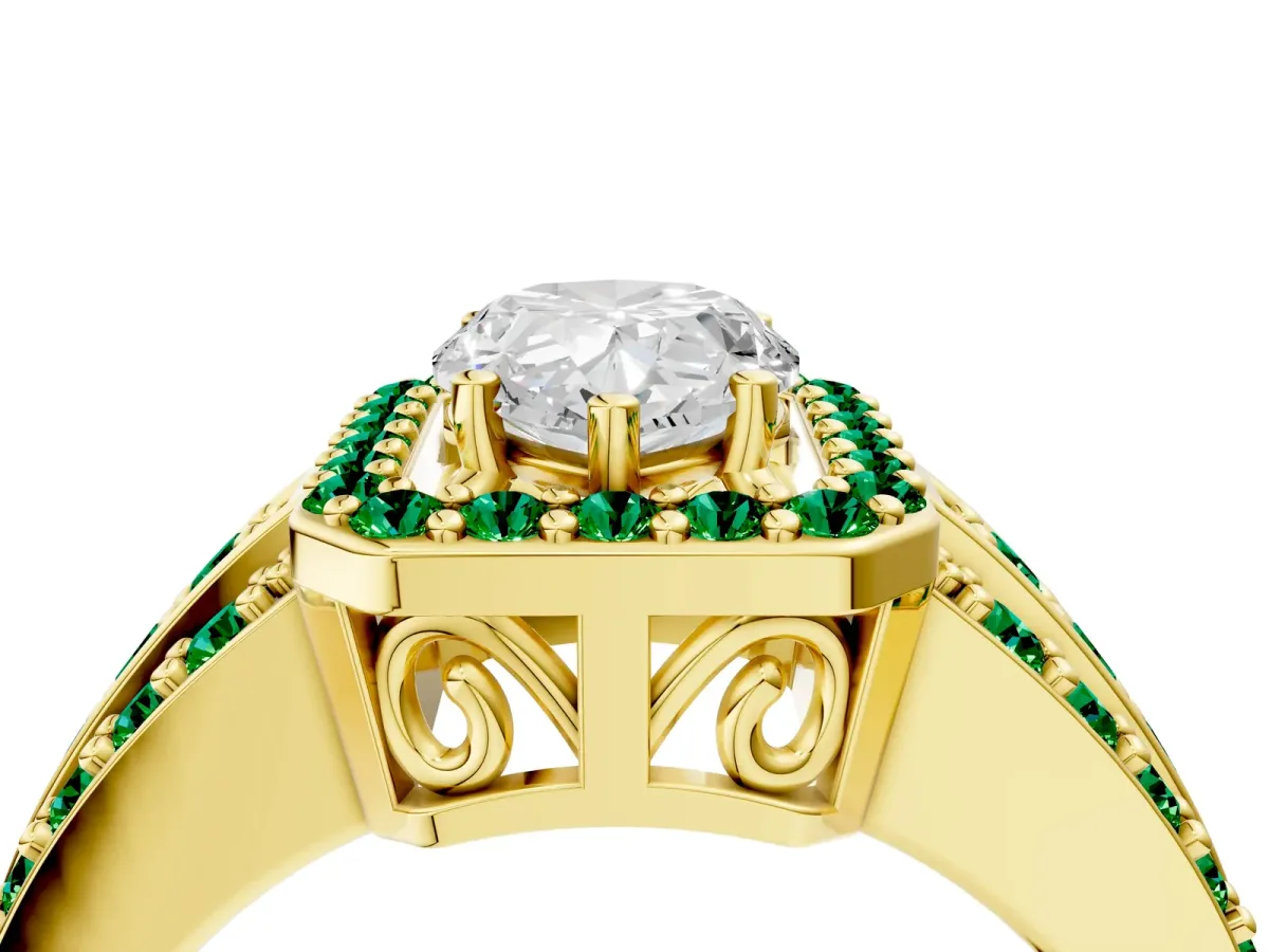 Pear Cut Halo Diamond Ring with Round Emerald Split Shank and Prong Setting Yellow gold