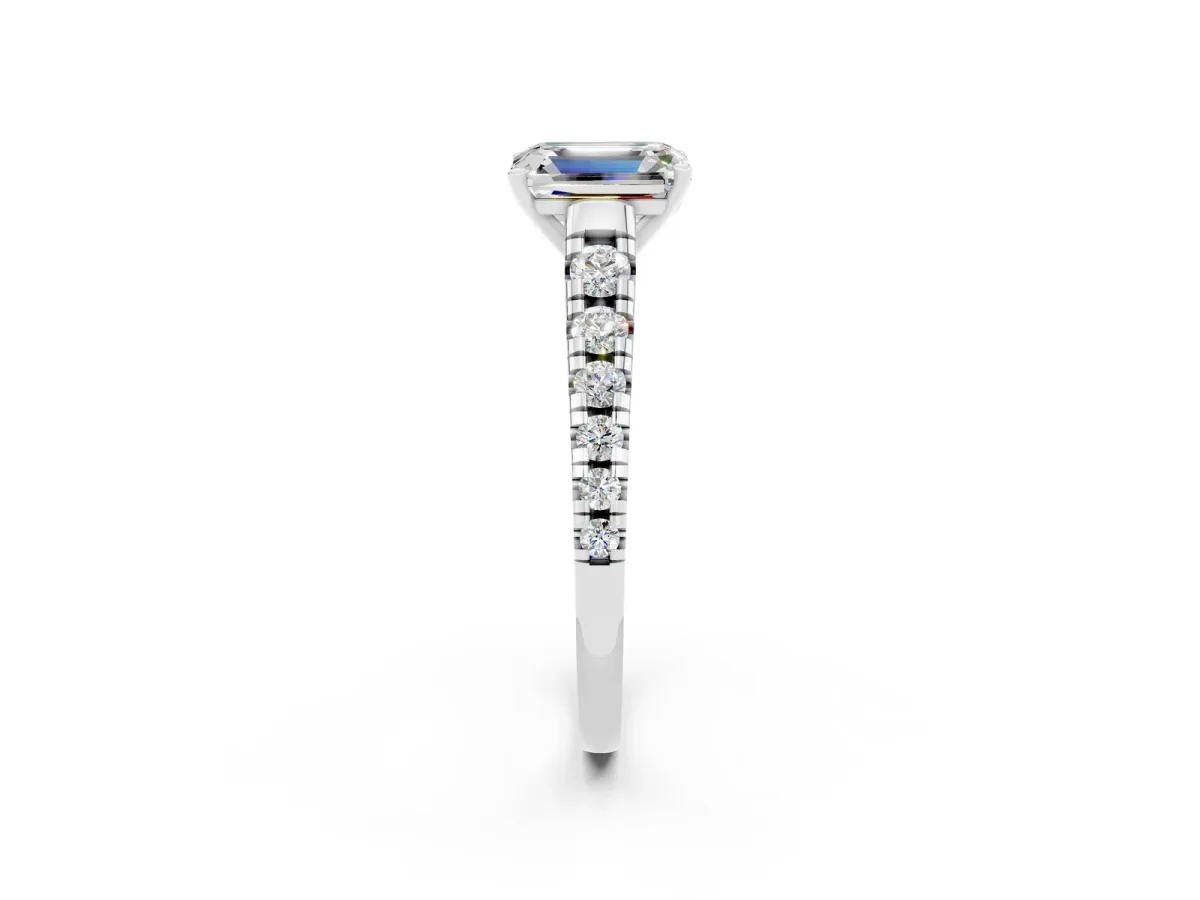 Emerald Cut Moissanite Cathedral Solitaire Ring with Round Pavé Band Silver