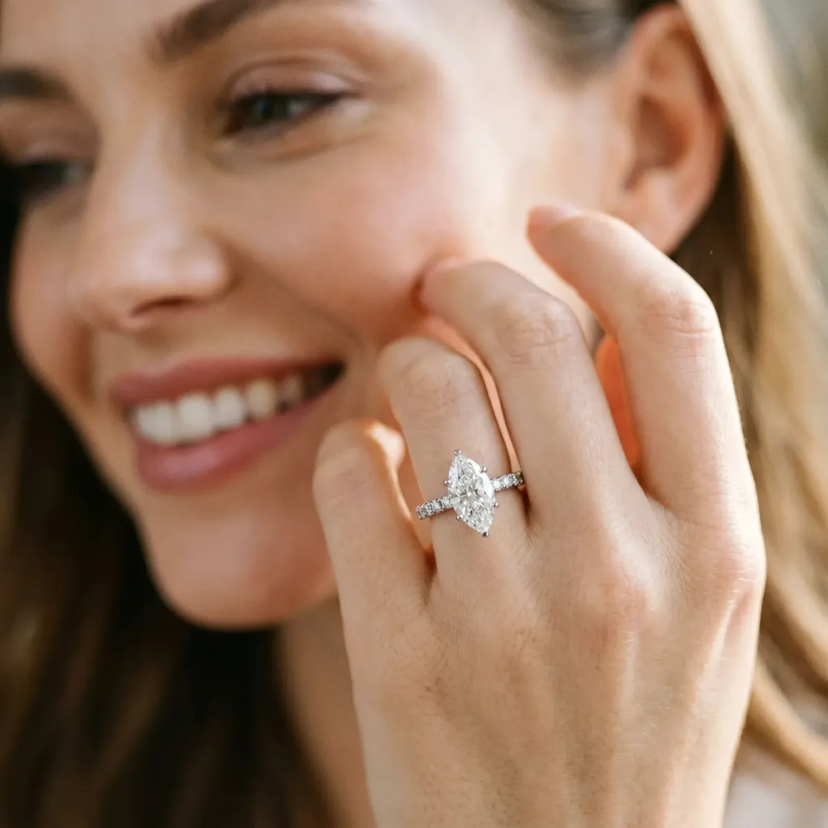 Marquise Cut Diamond Pavé Solitaire Ring with Round Band and Prong Setting Silver
