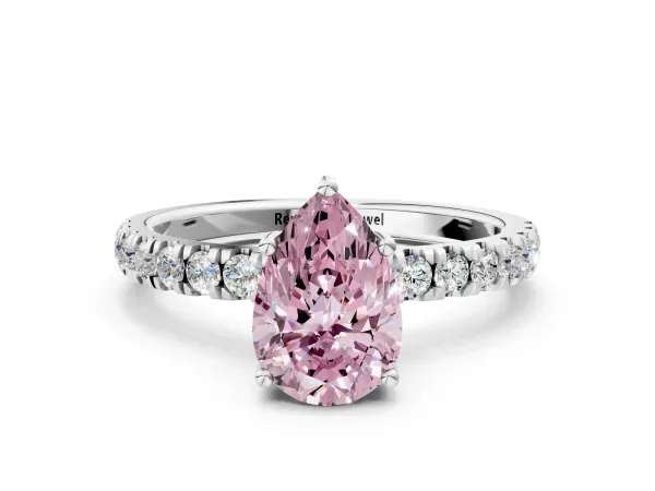 Fancy Pink Pear Cut Diamond Pave Band Solitaire Ring with Round and Prong Setting White gold