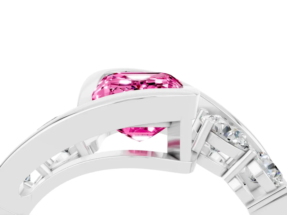 Bezel Set Emerald Cut Pink Sapphire Bypass Ring with Round Accents Platinum