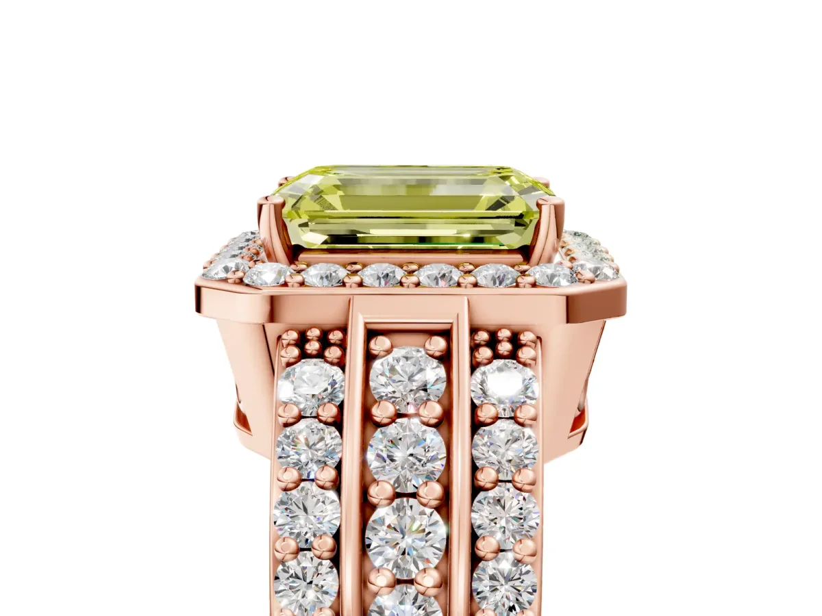 Fancy Yellow Emerald Cut Halo Diamond Ring with Round Split Shank and Prong Setting Rose gold