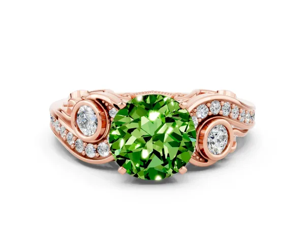 Round Cut Peridot Solitaire Ring with Milgrain Pavé Band and Four-Prong Setting Rose gold