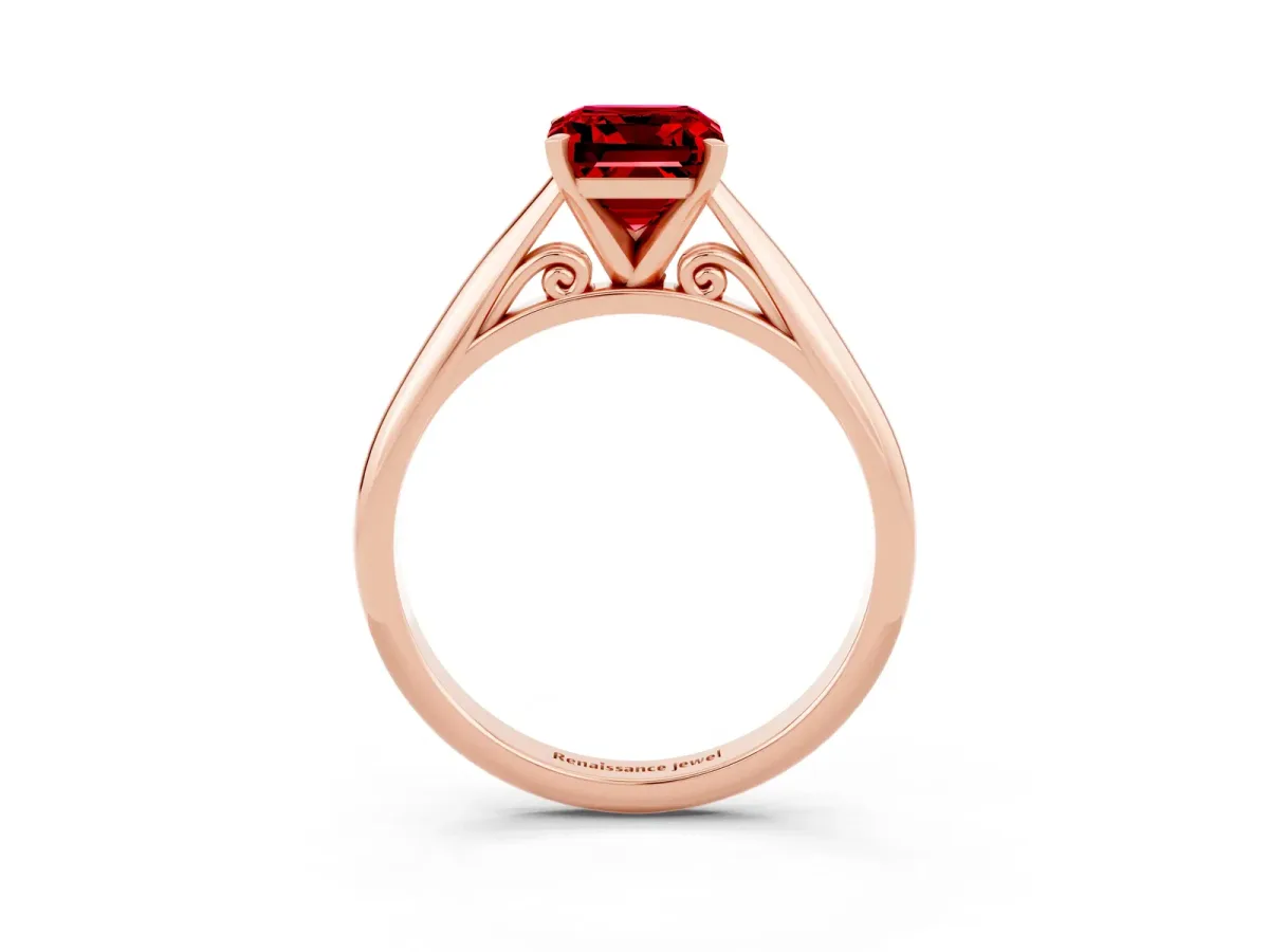Emerald Cut Ruby Solitaire Engagement Ring with Cathedral Setting and Four-Prong Mount Rose gold