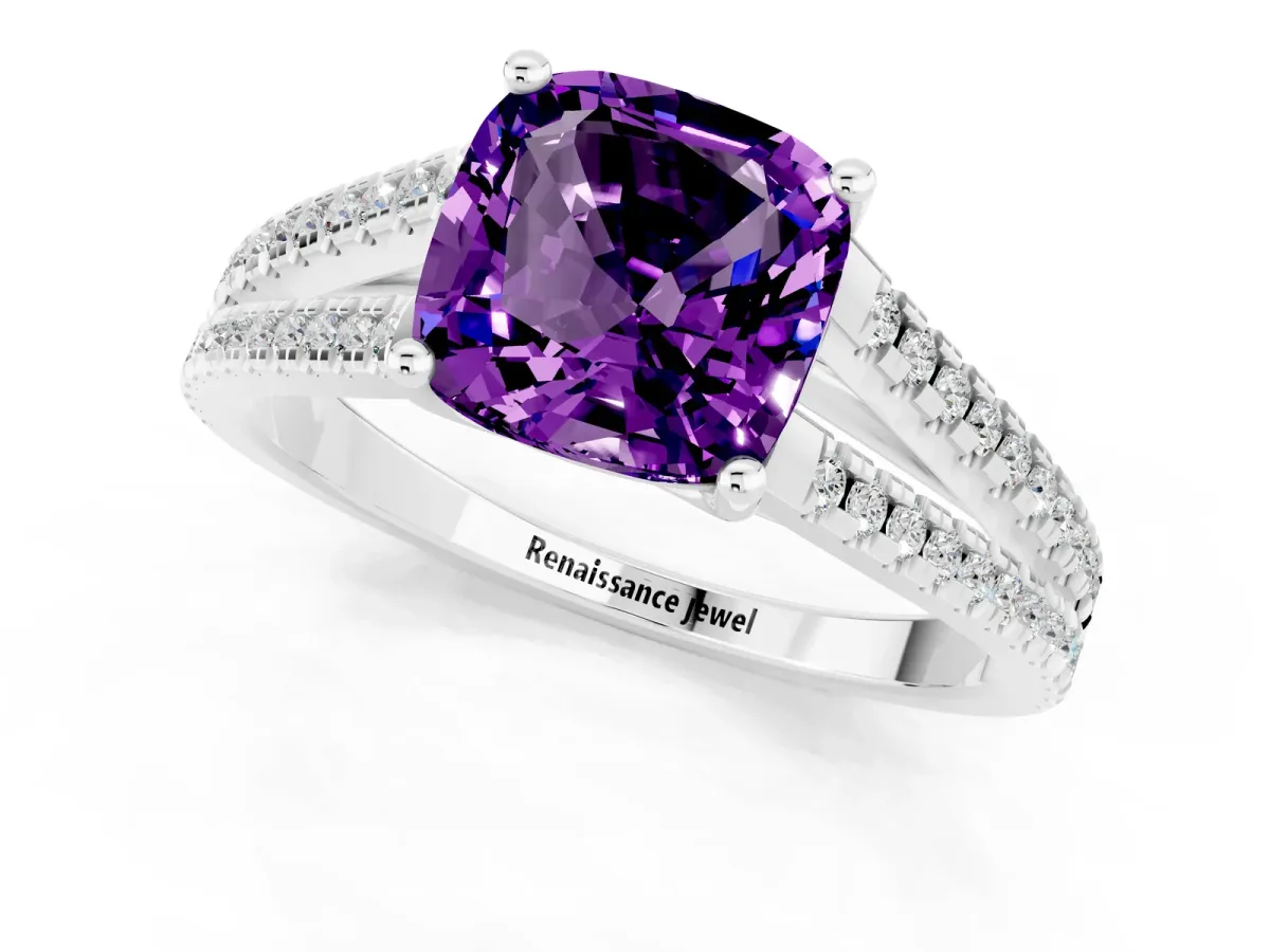 Cushion Cut Amethyst Solitaire Engagement Ring with Split Shank Pavé Band Silver