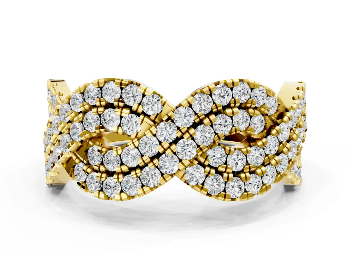 Pavé Round Diamond Infinity Twist Band with Shared Prong Setting Yellow gold