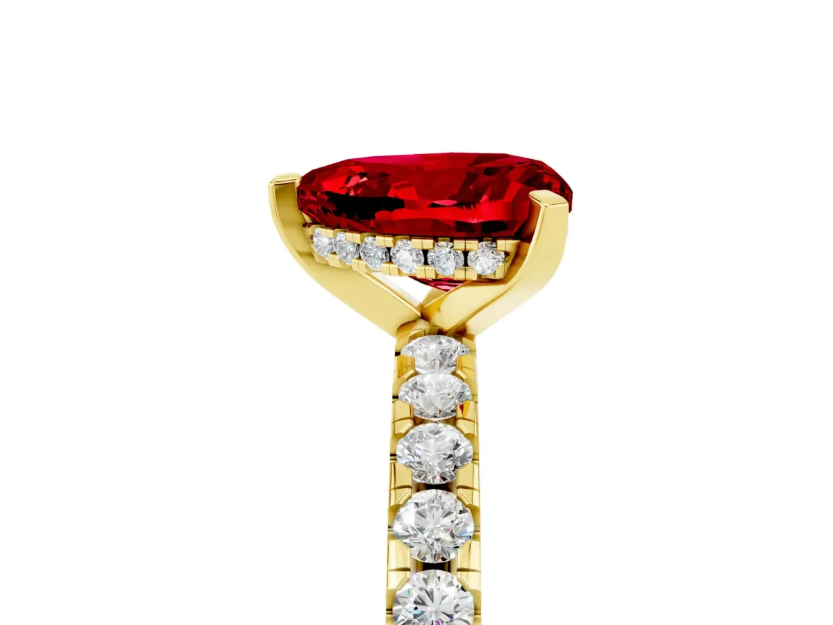 Heart Cut Ruby Solitaire Ring with Round Pavé Band and Four-Prong Setting Yellow gold