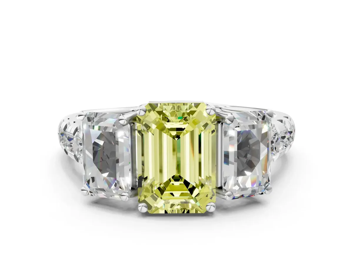 Fancy Yellow Three-Stone Emerald Cut Diamond Pavé Band with Prong Setting Platinum