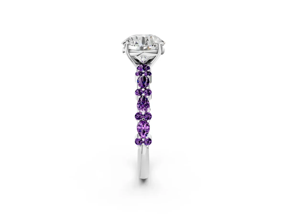 Round Cut Diamond Side Stone Solitaire Ring with Round Amethyst and Four-Prong Setting Platinum