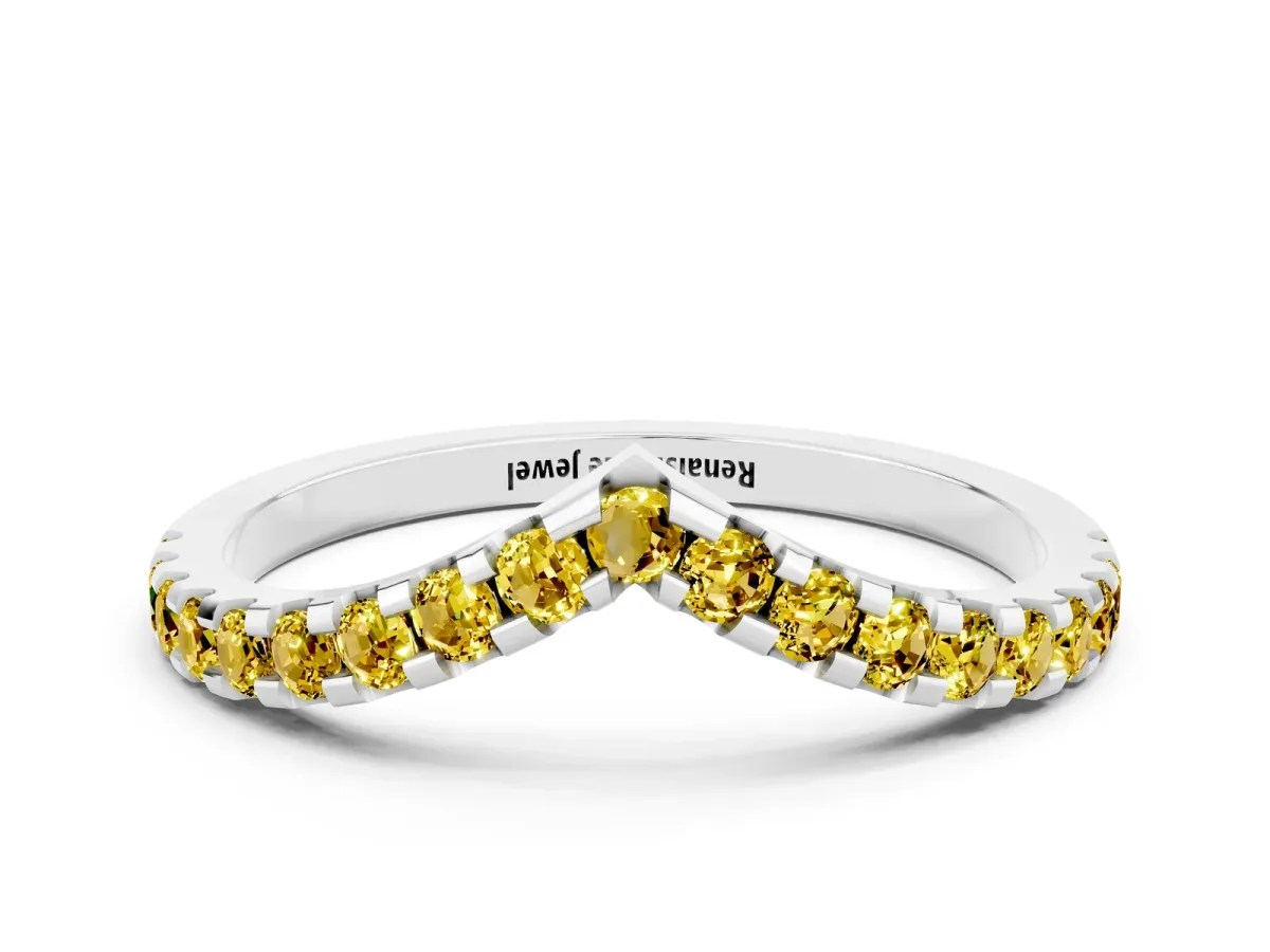 Pavé Round Yellow Sapphire Chevron Band with Shared Prong Setting White gold