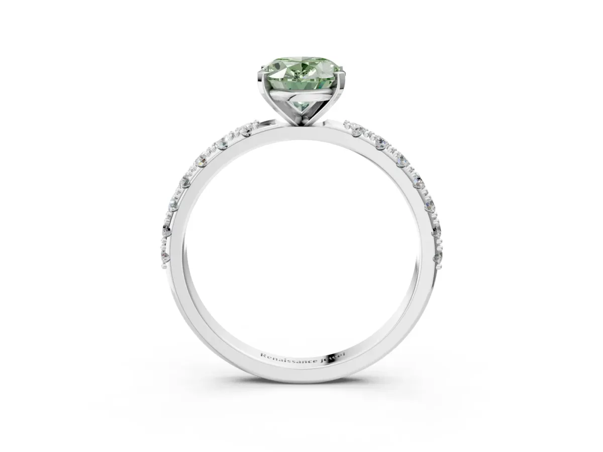Fancy Green Oval Cut Diamond Solitaire Pavé Band with Four-Prong Setting Platinum