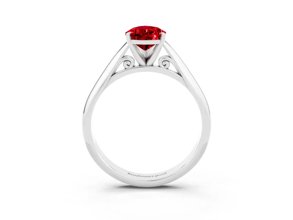 Pear Cut Ruby Solitaire Engagement Ring with Cathedral Setting and Four-Prong Mount White gold