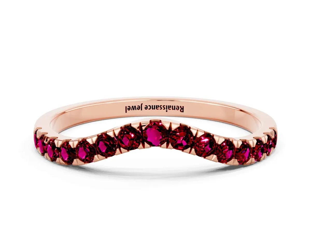 Curved Pavé Round Garnet Wedding Band with Shared Prong Setting Rose gold