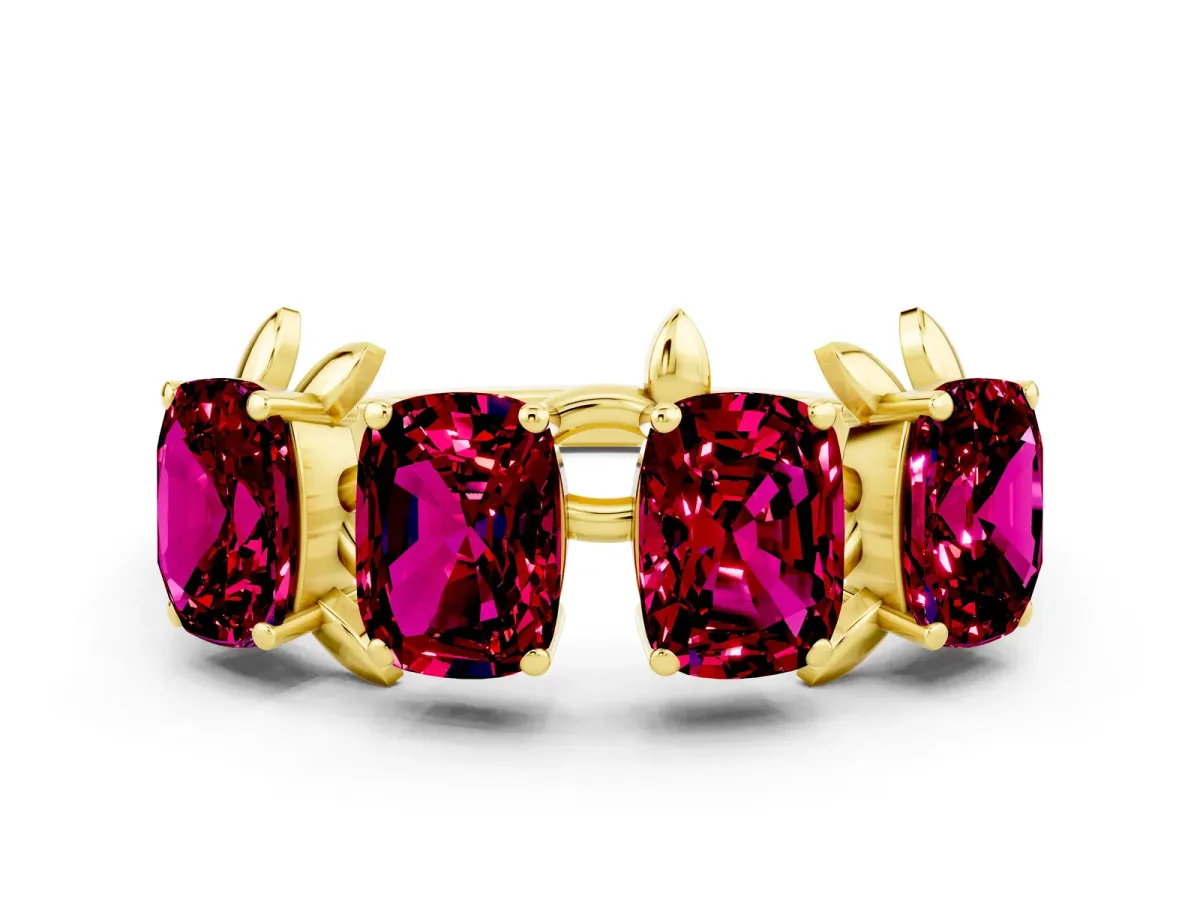 Emerald Cut Garnet Prong-Set Half Eternity Band Yellow gold