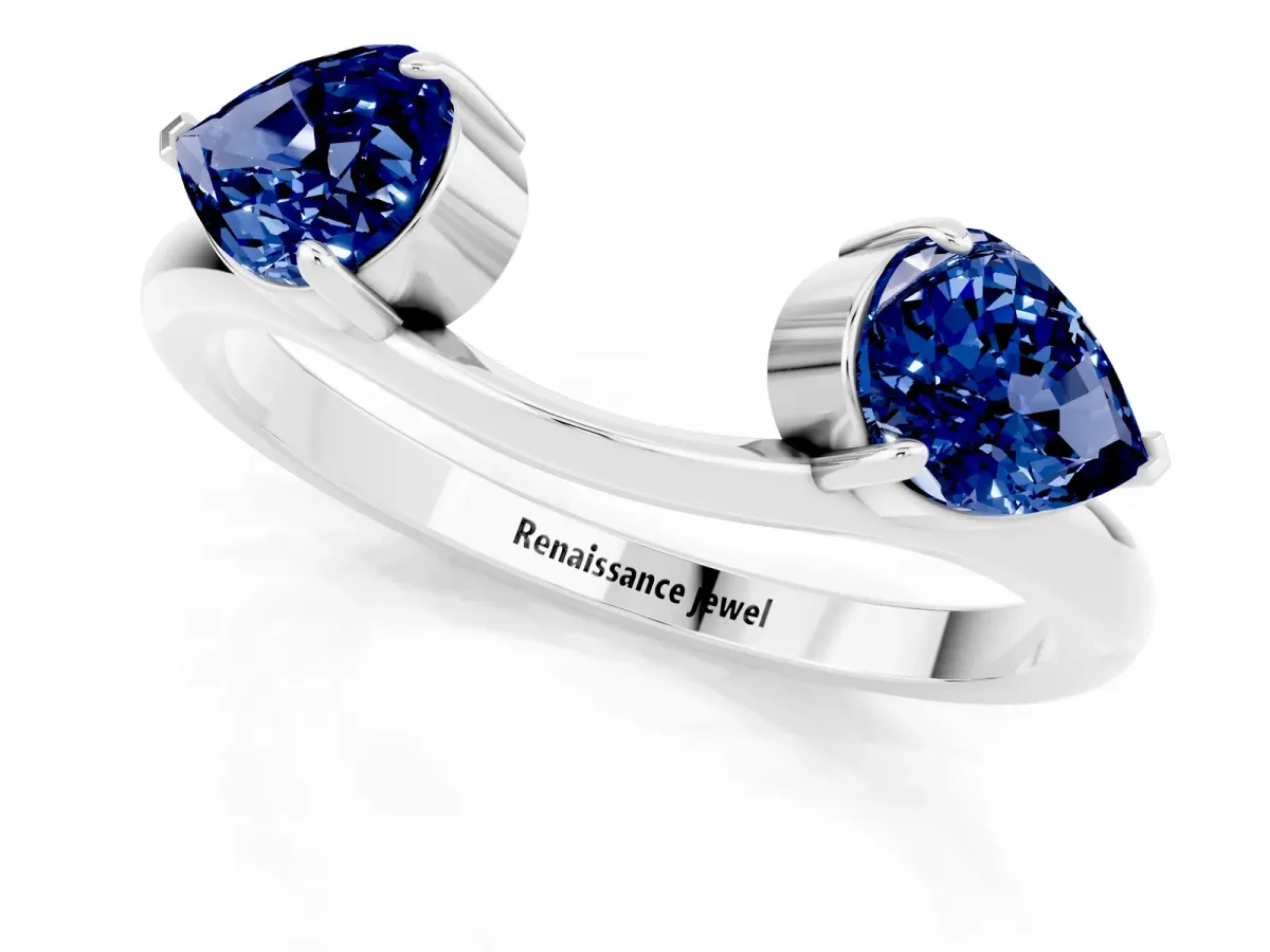 Two-Stone Pear Blue Sapphire Bypass Ring with Prong Setting Silver