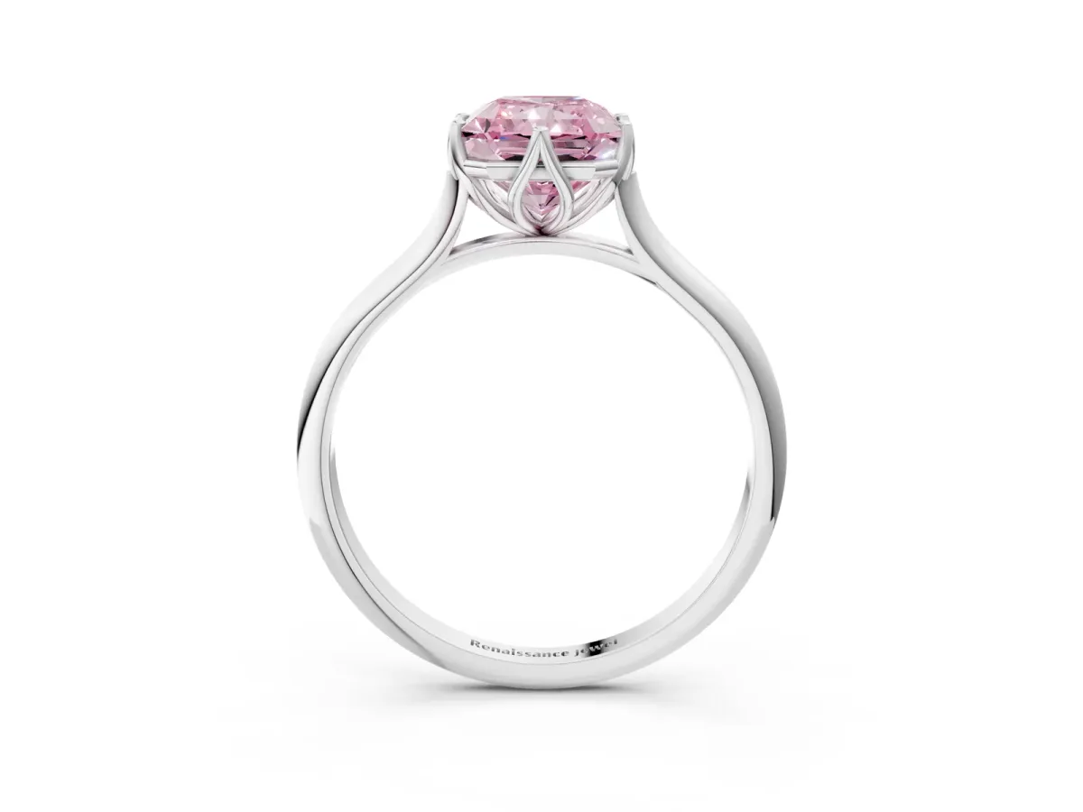 Fancy Pink Radiant Cut Solitaire Cathedral Diamond Ring with Six-Prong Setting Platinum