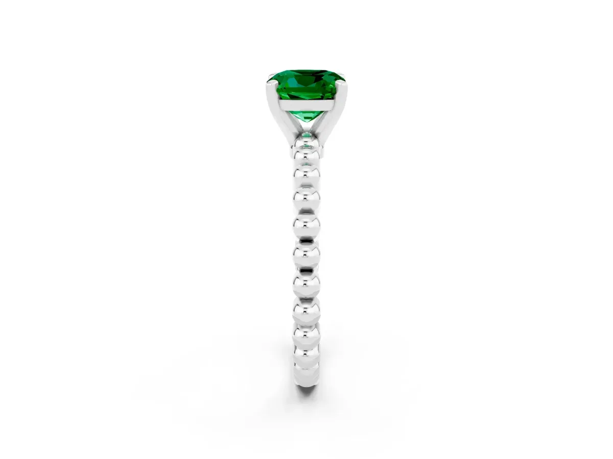 Cushion Cut Emerald Solitaire Ring with Beaded Band and Prong Setting Platinum