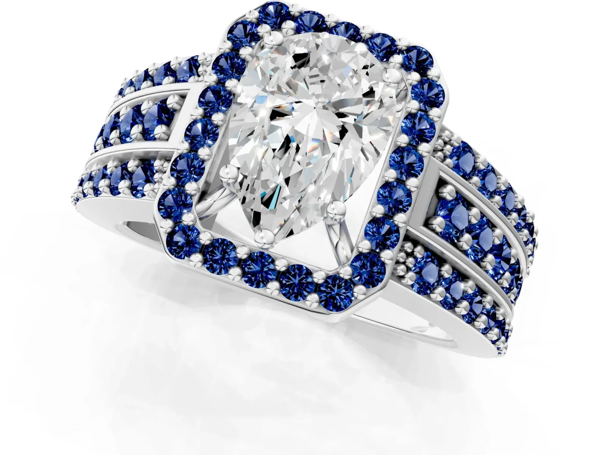Pear Cut Halo Diamond Ring with Round Blue Sapphire Split Shank and Prong Setting Platinum