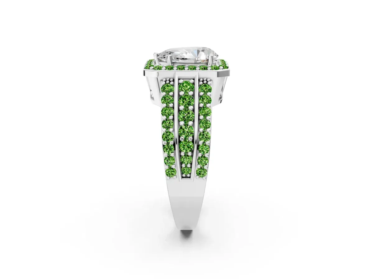 Pear Cut Halo Diamond Ring with Round Peridot Split Shank and Prong Setting Platinum