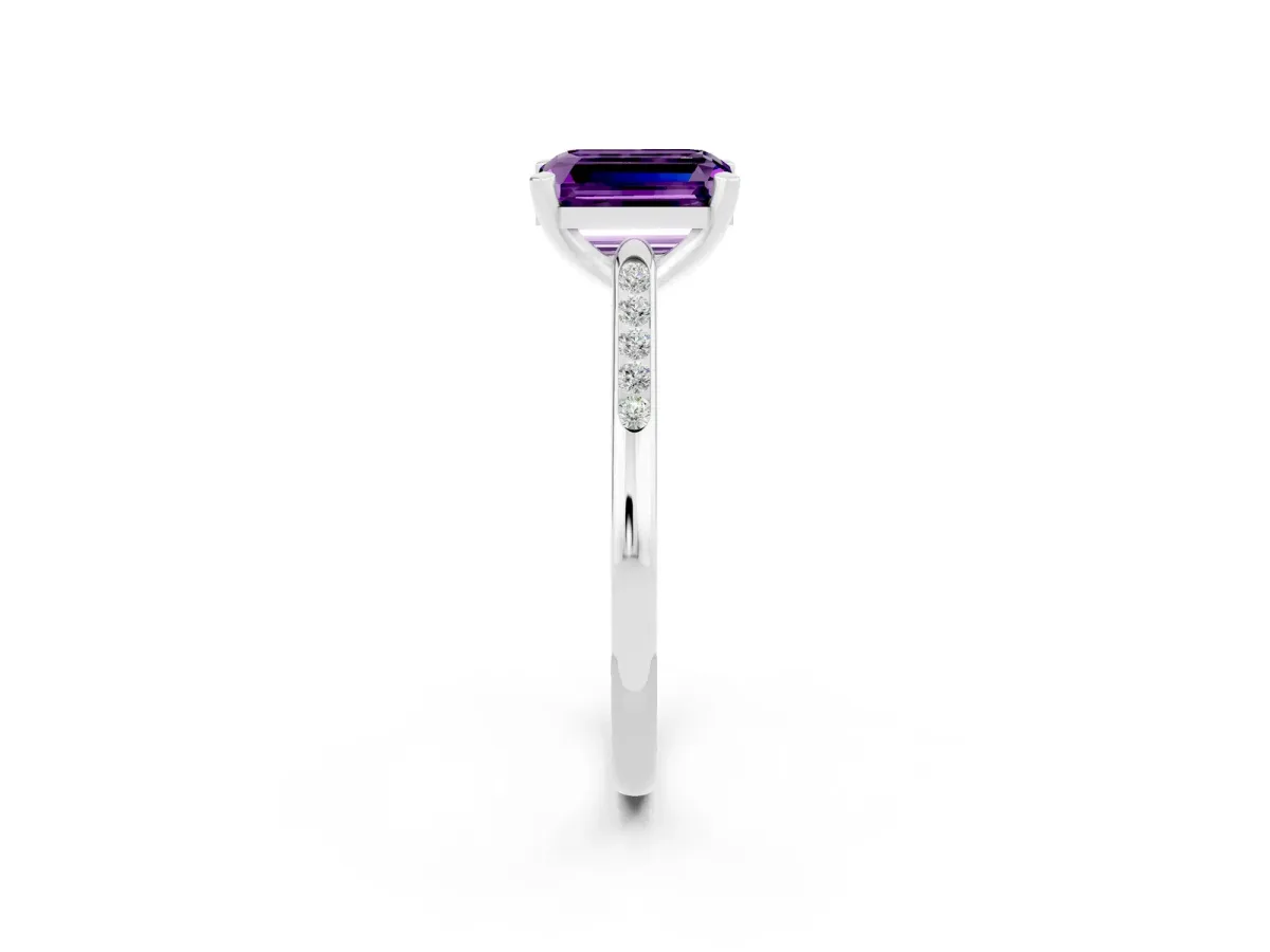 Emerald Cut Amethyst Solitaire Ring with Channel Set Round Band and Prong Setting Silver
