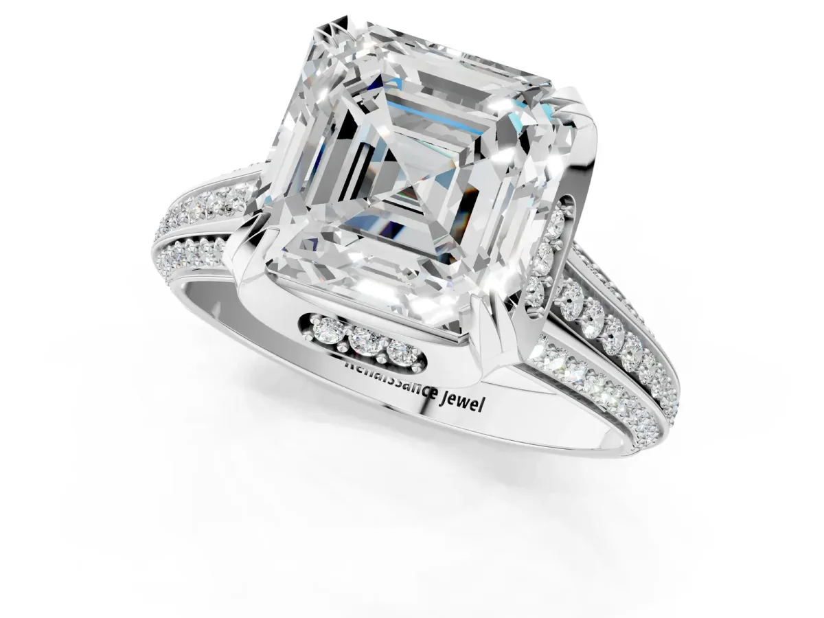 Asscher Cut Solitaire Pave Split Shank Ring with Four-Prong Setting Platinum