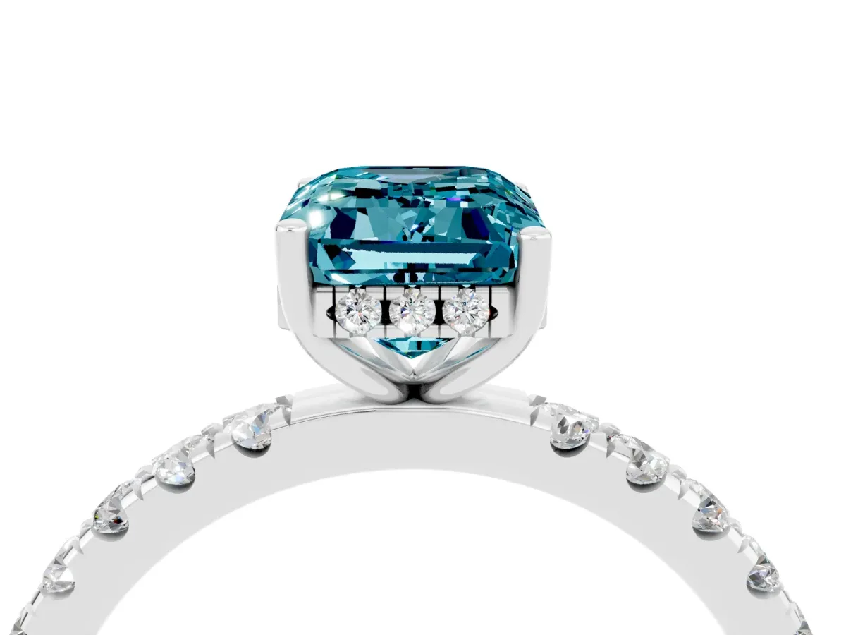 Emerald Cut Blue Topaz Pave Band Solitaire Ring with Round and Prong Setting Platinum